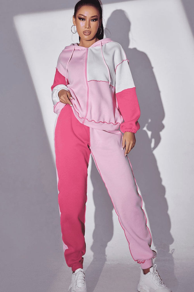 Exposed Seams Color Block Hoodie and Pants Set Trendsi