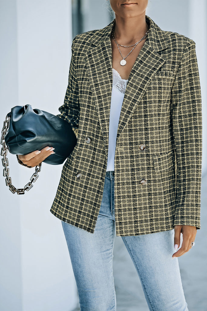 Plaid Double-Breasted Long Sleeve Blazer Trendsi