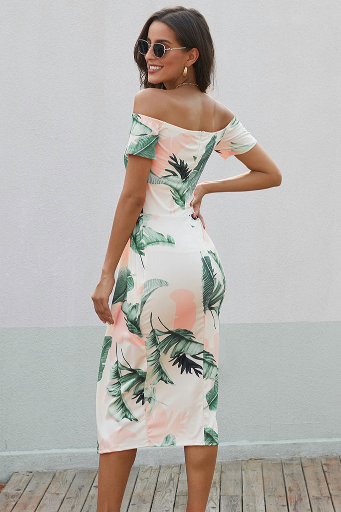 Printed Off-Shoulder Split Dress Trendsi