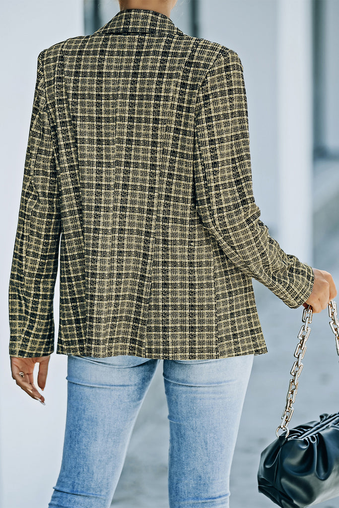 Plaid Double-Breasted Long Sleeve Blazer Trendsi