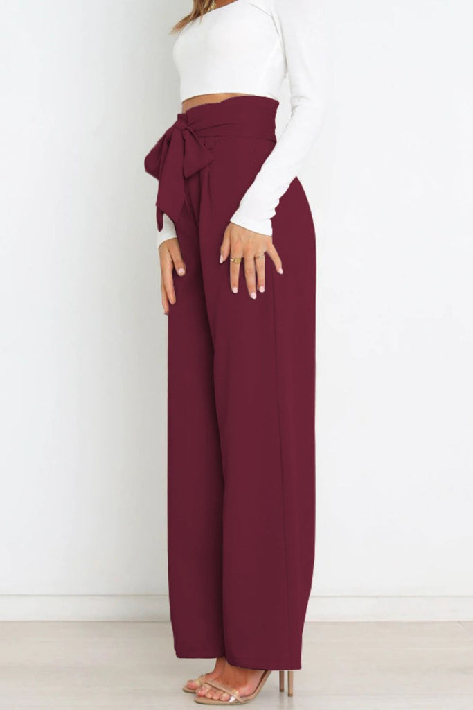 Tie Front Paperbag Wide Leg Pants Trendsi