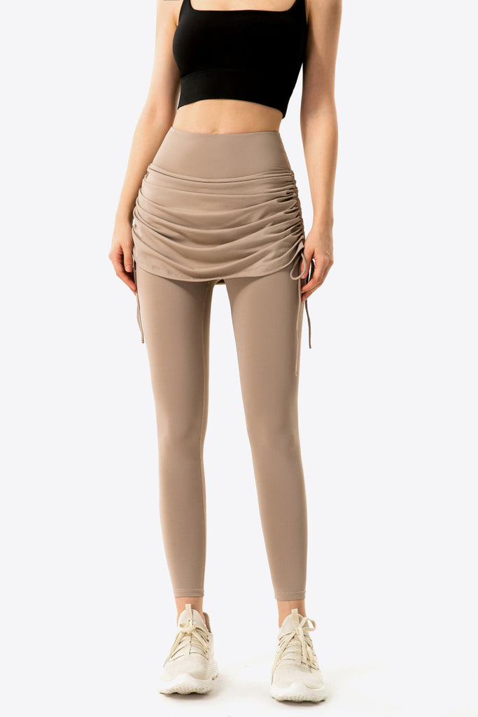 Drawstring Ruched Faux Layered Yoga Leggings Trendsi