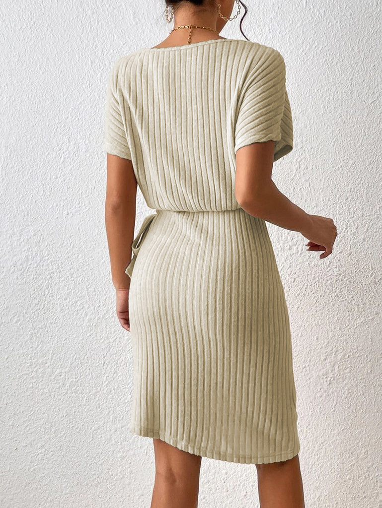 Ribbed Boat Neck Short Sleeve Dress Trendsi