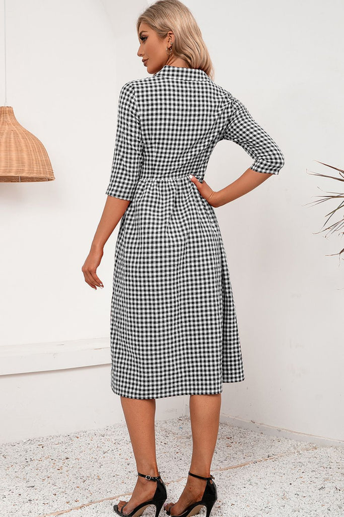 Plaid Collared Neck Midi Dress Trendsi