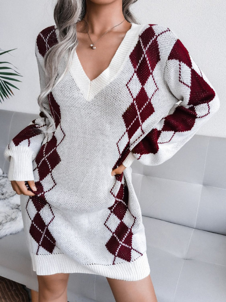 Woven Right Argyle V-Neck Ribbed Trim Sweater Dress Trendsi