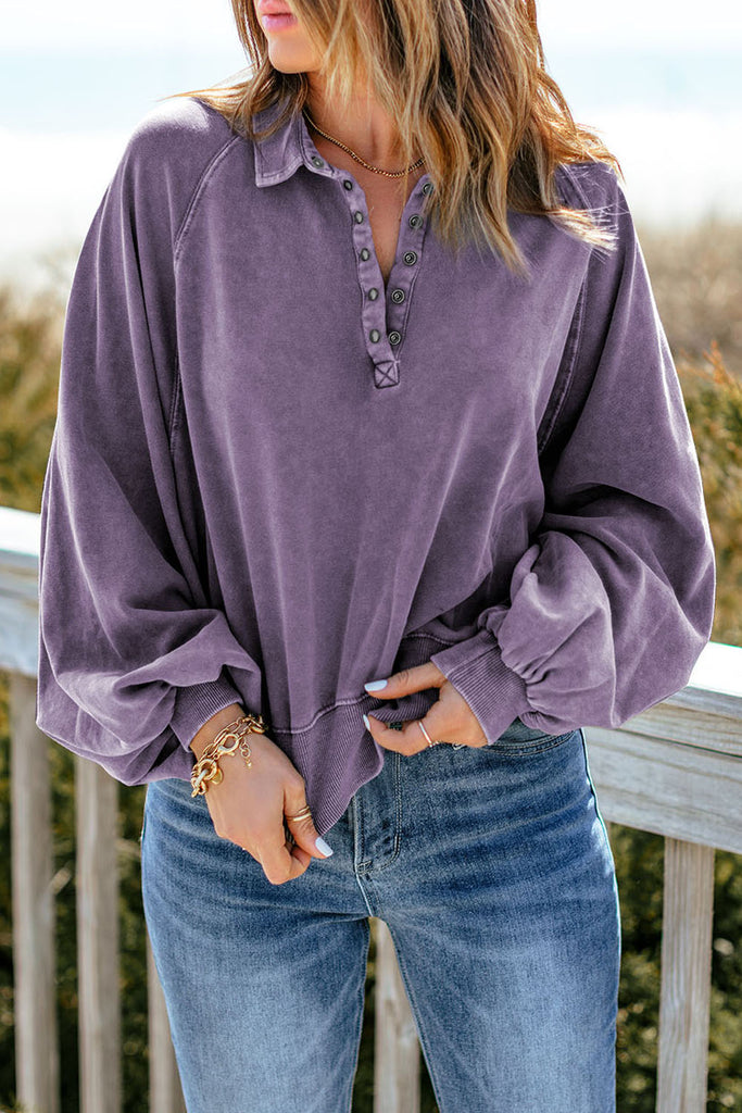 Quarter-Snap Collared Lantern Sleeve Sweatshirt Trendsi