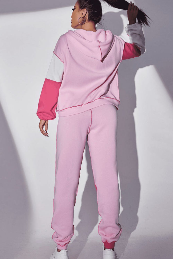 Exposed Seams Color Block Hoodie and Pants Set Trendsi