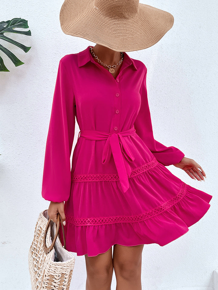 Collared Neck Tie Waist Buttoned Dress Trendsi