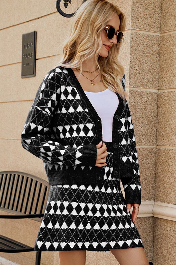 Geometric Dropped Shoulder Cardigan and Knit Skirt Set Trendsi